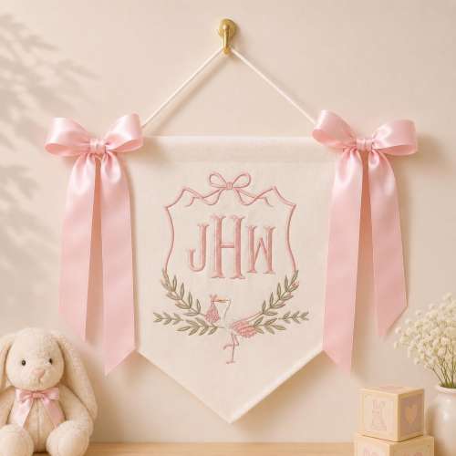 Custom Baby Banner with Birth Name Tag, Welcome Banner with Stork Crest, Bows Baby Banner, Hospital Door Sign, Baby Shower Gift