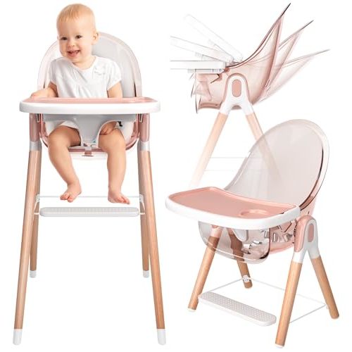 6 in 1 Deluxe Wooden High Chair for Babies & Toddlers, Modern Safe & Compact Baby Highchair, Easy to Clean & Assemble, Removable Tray, 6 Options 3 Seat Positions 2 Heights (Pink)