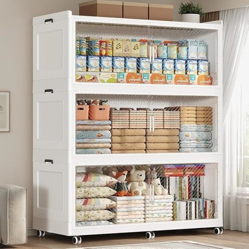 720QT Storage Bins with Lid Extra Large Stackable Closet Organizer Plastic Container Box, 240Gal 3-Tier Collapsible Cabinet with Wheels and Doors for Living Room Kitchen Office Dorm, White