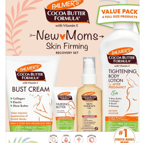 Palmer's Cocoa Butter Formula New Moms Skin Recovery Postpartum Essentials, Body Lotion (8.5 oz) + Nursing Butter (1.1 oz) + Bust Cream (4.4 oz) + Skin Therapy Oil (2 oz), Dermatologist Approved