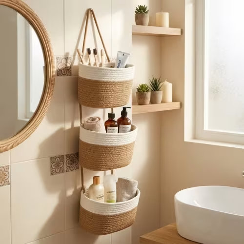 3 tier boho neutral tone hanging basket woven rope wall - Temu