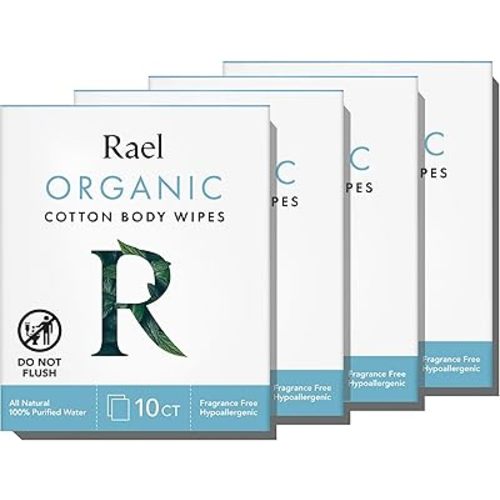 Rael Organic Cotton Wipes - Body Cloth, Individually Wrapped, All Skin Types, Vegan, Cruelty-Free, Unscented (10 Count, Pack of 4)