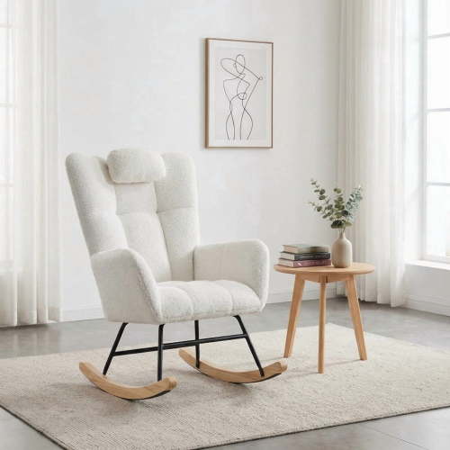 TROPOW Rocking Chair, Teddy Upholstered Glider Rocker, Nursery Glider Rocker with Wood Legs & Dual Side Pockets, Nursery Rocking Chair for Living Room, Bedroom