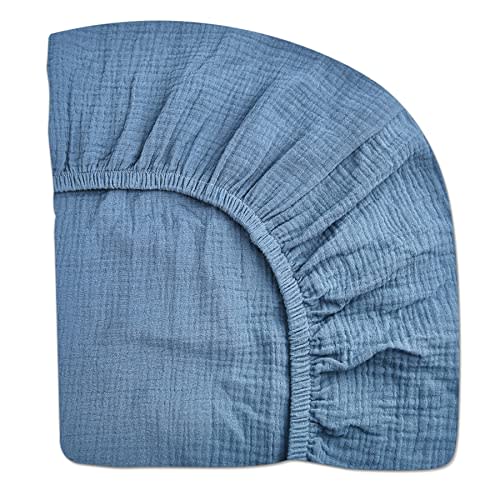 Mini Crib Sheets for Baby, Fitted Pack N Play Mattress and Mini Cribs 24" x 38", Neutral Muslin Cotton Mini Crib Mattress Sheet with Boho Style, Soft and Breathable Comfort (Blue)