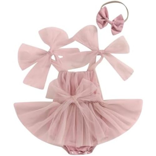 New Born Infant Baby Girls Summer Clothes Tutu Tulle Romper Dress Strap Princess Mesh Bodysuit Skirt with Hair Rope