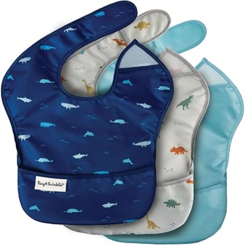 Tiny Twinkle Mess-Proof Baby Bibs for Eating | Waterproof, Wipeable Toddler Bibs with Catch-All Pocket | Feeding Bibs for Girls & Boys(3 Pack,Sea, Dino)