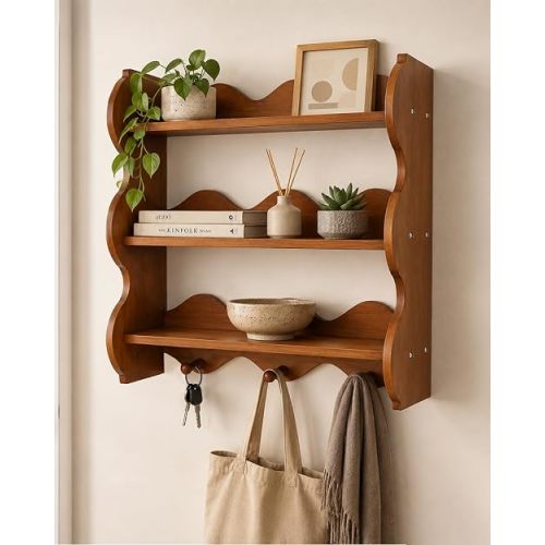 100% Solid Wooden Wall Shelf 3-Tier, Scalloped Floating Shelves with Hooks | Stylish Vintage Design, Easy to Install, Space-Saving, Work Great for Plant, Perfume, Book, Mug, Bathroom, Bedroom, Kitchen
