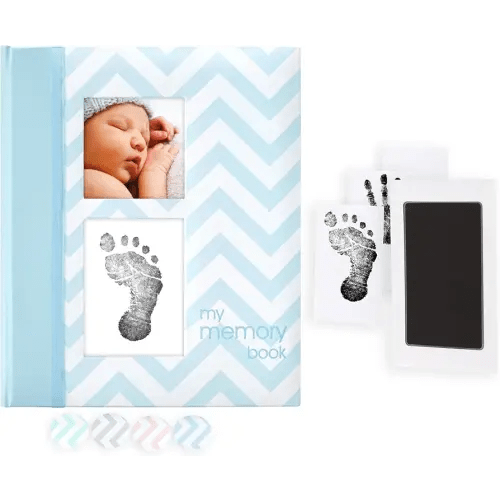 Pearhead Baby Memory Book, First 5 Years Baby Milestone Book, Pregnancy Journal, Gender Neutral Newborn Keepsake, With Clean-Touch Ink Pad For Baby's Handprint or Footprint, Blue Chevron