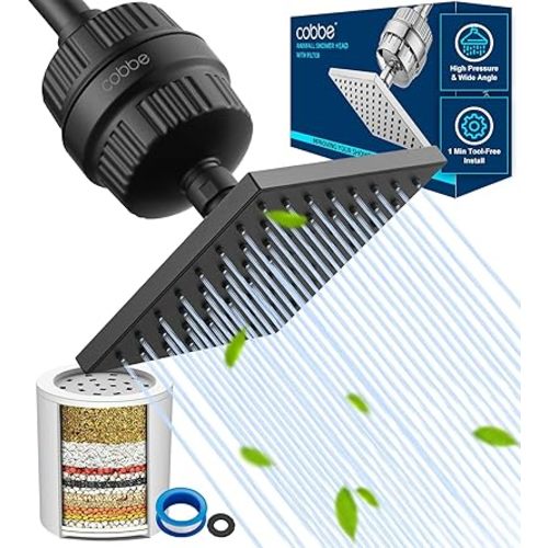 Cobbe High Pressure Filtered Shower Head Combo, Rain Shower Head with 20 Stage Shower Head Filter for Hard Water - Adjustable Replacement Remove Chlorine and Harmful Substances, Matte Black