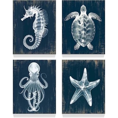 Ocean Animals Print Wall Art: 4 Panel Seahorse Starfish Sea Turtles Octopus Marine Organism Theme Poster Picture Decor Retro Sea Life Unframed Artwork for Nursery Kids Room Bedroom Bathroom