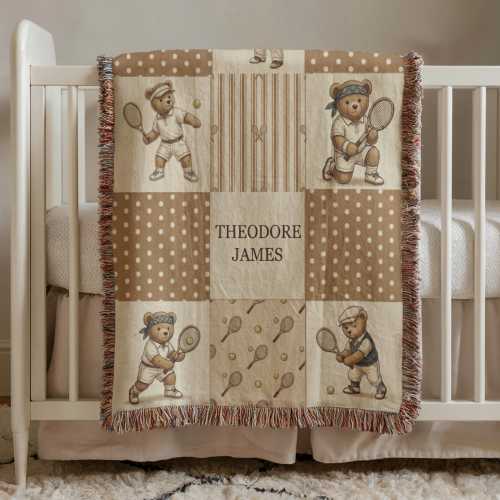 Personalized Tennis Baby Blanket Neutral, Custom Baby Name Blanket, Vintage Nursery Decor, Newborn Gift, Tennis Nursery