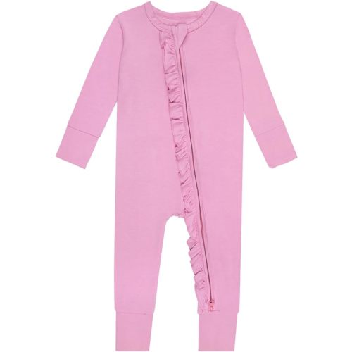 GUISBY Rayon Baby Long Sleeve Footless Rompers, 2 Way Zipper with Ruffle Sleepers 0-24 Months