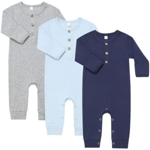 Bafeicao Baby Boy Girl 3 Pack Solid Romper Ribbed Cotton Long Sleeve Jumpsuit Infants Outfits Clothes with Mitten Cuffs