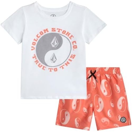 Volcom Baby Boys Swim Set - 2 Piece Short Sleeve Swim Shirt Graphic Tees & Board Shorts - Infant Toddler Little Boys Swimsuit