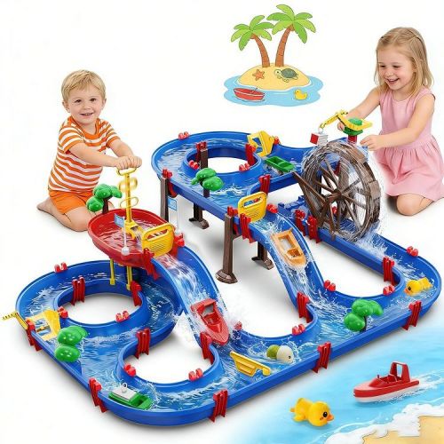 2-Tier Watermill Summer Water Table, 124 PCS DIY Water Table with Water Pump Toys for Backyard, Beach, Balcony, Garden, for Toddlers Aged 3+