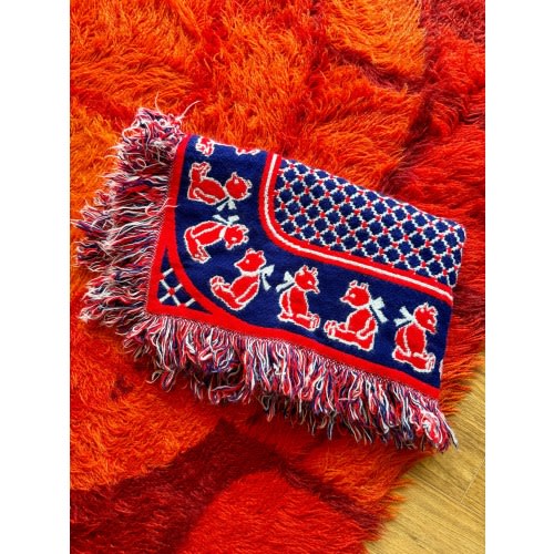 Vintage 60s Hot Red and Blue Acrylic Knit Teddy Bear Print Baby Blanket / Vintage Made in Japan Teddy Bear Baby Blanket