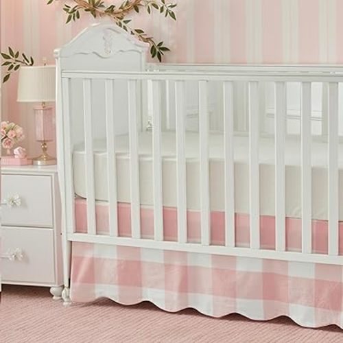 Brandream Scallop Edge Cotton Crib Skirt, Baby Boy Girl Gender Neutral Crib Skirt Toddler Bedskirt Farmhouse Chic Nursery Crib Bed Skirt, Boho Bohemian Light Pink Plaid Gingham