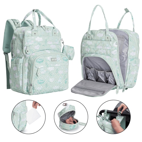 BabbleRoo Diaper Bag Backpack, , Original Baby Diaper Bag with Changing Pad, Green Birdy