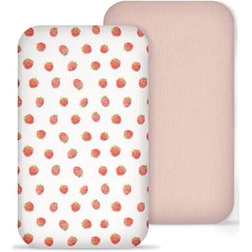 Muslin Bedside Bassinet Sheets 2 Pack, 33x20 Fitted Ultra Soft & Breathable Bedside Sleeper Sheets, Ideal for Baby Girl and Boy, Perfect for Newborns (Strawberry & Pale Pink)
