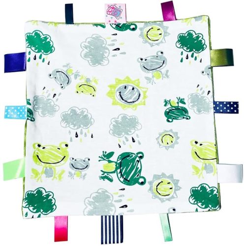 Green Frog Baby Tags Blanket, Cute Toddler Security Blanket with Tags, Soft Lovey Tags for Baby Gift