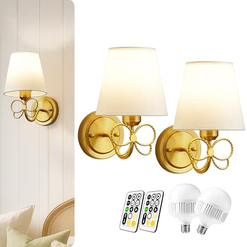 Mesuz Battery Operated Wall Sconces Lights Set of Two Remote Control, Antique Brass Bow Sconces Rechargeable Battery Powered Wall Lights Dimmable LED 2700K-6000K 16 Color Temperatures