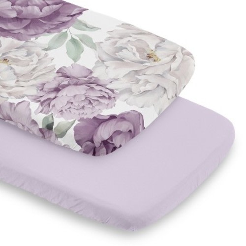 Sweet Jojo Designs Girl Baby Bassinet Fitted Sheets Set Peony Floral Garden Purple Ivory and Green 2pc