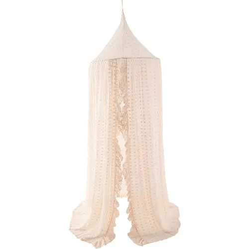Wonder Space Elegant Kids Bed Canopy - Lace Chiffon Netting with Pom Pom, Princess Girls Fairy Dream Tent, Nursery Room Baby Crib Hanging Curtain Mosquito Net Children Reading Nook Decoration (Beige)
