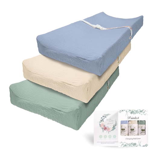 Beavtaens Muslin Changing Pad Cover, Solid Color, 100% Cotton, Washable, 3-Pack, for 0-2 Years Infant Boys Girls (Blue)