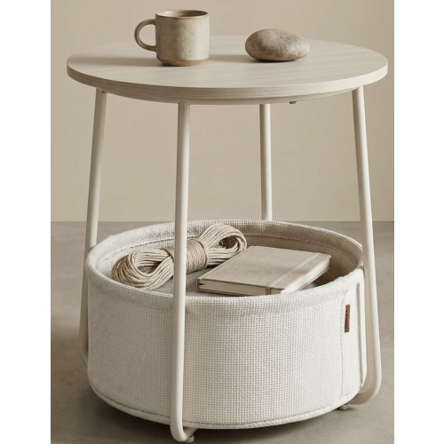 Small Round Side End Table - Modern Nightstand With Fabric Basket, Cream White