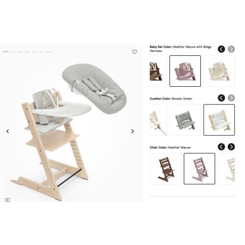 Tripp Trapp High Chair with cushion, tray, and newborn set.