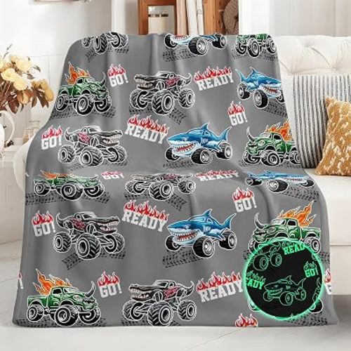 Truck Shark Glow in The Dark Blanket Truck Toys Gifts for Kids Boys Teens Age 1-16 Years Old Toddlers Birthday Christmas Halloween Excavator Construction Tractor Car Throw Room Decor Grey 50"x 60"