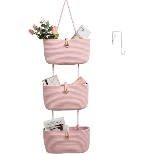 TeoKJ Over the Door Hanging Baskets with Button Strap, 3-Tier Woven Cotton Storage Organizer Bag, Wall-Mounted with Hook Decorative Hanging Nursery Baskets - Pink