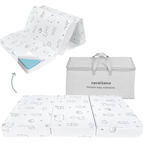 Trifold Pack and Play Mattress, 38x26 Dual-Firmness Memory Foam Pack N Play Mattresses with Travel Bag, Foldable Portable Animal Baby Mattress for Pack n Play, Removable Cover
