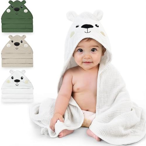 FIOBEE Hooded Baby Towels 100% Muslin Baby Bath Towels for Newborn with Animal Design Ultra-Soft and Absorbent Bath Essentials for Toddler, Unisex Girls Boys 30 x 30 inch, White Bear