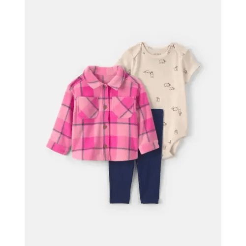 Baby Girl 3-Piece Buffalo Check Fleece Layering Set - Pink | Carter's
