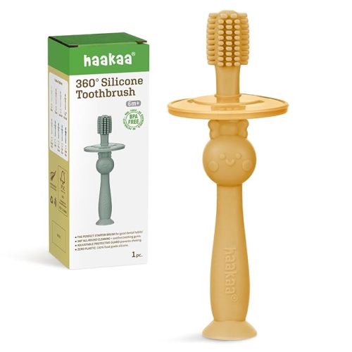 haakaa 360° Baby Toothbrush with Suction Base - Gentle Cleaning for Toddler's Self-Brushing Training, Food-Grade Silicone, Adjustable Safety Shield - Mustard (1 Piece)