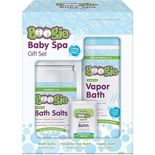 Boogie Spa Kit, Includes Boogie Kids Bath Salts, Eucalyptus, 15 oz (Pack of 1) Vapor Bath 10 Fl oz (Pack of 1) Chest Rub Stick 0.49 oz (Pack of 1)