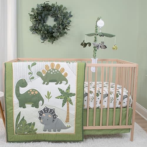 The Peanutshell 4 Piece Baby Crib Bedding Set for Boys - Newborn, Infant & Toddler Nursery Bed Set with Fitted Crib Sheet, Dust Ruffle, Comforter, Mobile - Dinosaur Nursery Decor