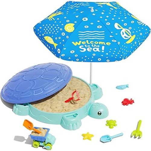Turtle Sandbox with Lid & Adjustable Umbrella, Kids Sand Box with Sand Molds and Shovels Set for Sensory Play, Toddler Outdoor Indoor Toys for Boys Girls Ages 3+ (Blue)