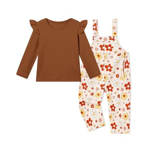 YUEMION Toddler Girl Clothes 2Pcs Baby Girl Outfit Fall Winter Clothing Floral Long Sleeve Top+ Overall Pants Set 18M-6Y