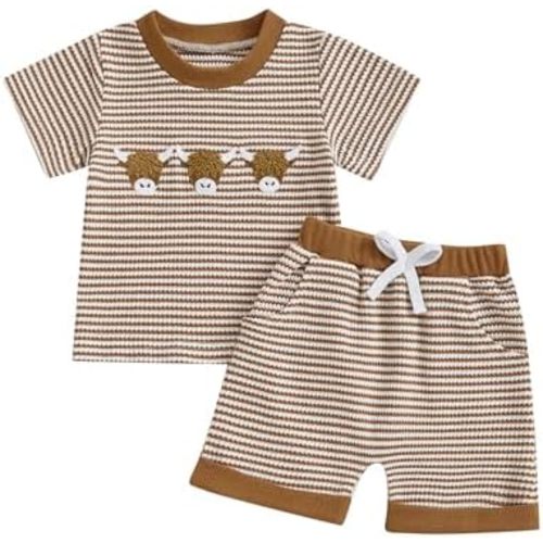 Toddler Baby Boy Summer Outfit Infant Waffle Cowboy Bull Head Embroidery Western Clothes T Shirt Shorts 2pcs Set