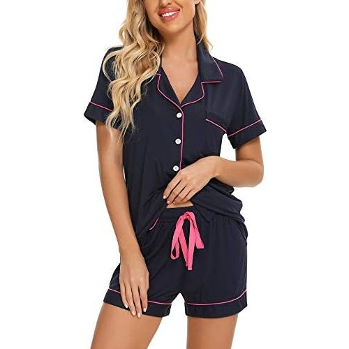 Anjue Womens Pajamas Set Short Sleeve Sleepwear Button Down Nightwear Shorts Soft Pj Sets S-XXL