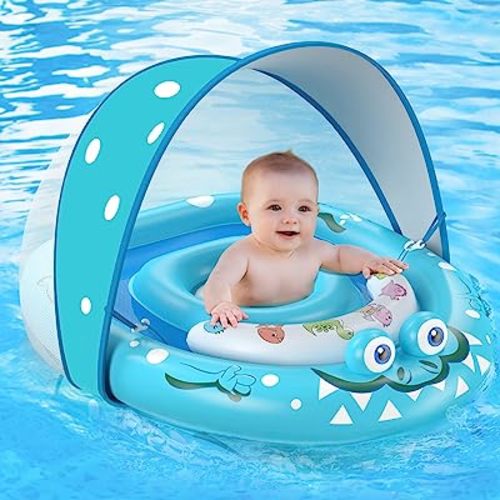 URMYWO Baby Pool Float with Removable UPF50+ Sun Protection Canopy, Baby Floats for Pool 6-12-24 Months Infant Toddler, Durable Baby Swim Float with Adjustable Seat, Extra Wide, Breathable