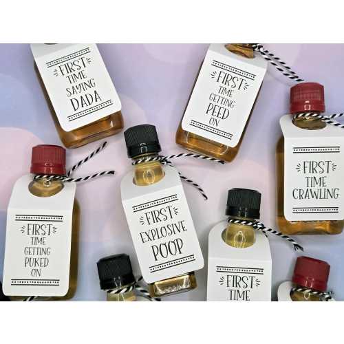 Baby's Firsts - Fun & Unique Baby Shower Gift or New Mom or Dad Gift - Baby Milestones Add Tags to 50ml Shot Bottles (bottles not included)