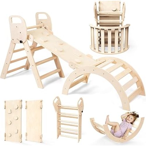Pikler Triangle Set Foldable Wooden Toddler Climbing Toys Indoor, Playground Jungle Gym for Kids, Montessori Climbing Set for Toddlers