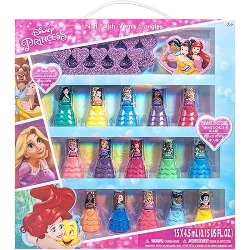 Disney Princess 15 Piece Water-Based Nail Polish with 3 Toe Spacers, Quick Dry, Peel Off, Gift Kit Set for Kids Girls, Ages 3 by Townley Girl