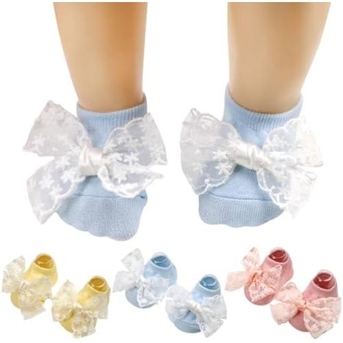 3 Pairs Baby Girls Socks, Lace Bow Non-Slip Grips Sock Toddler Princess Low Cut Ankle Socks for Newborn,Infant
