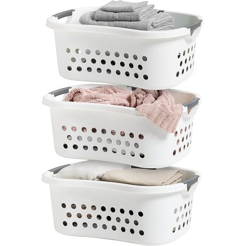 IRIS USA 50L Plastic Hip Hold Laundry Basket with Built-In Comfort Carry Handles, 3 - Pack, 1.5 Bushel, Clothes Hamper, Laundry Hamper, Ventilation Holes, for Closet Dorm Laundry Room Bedroom, White