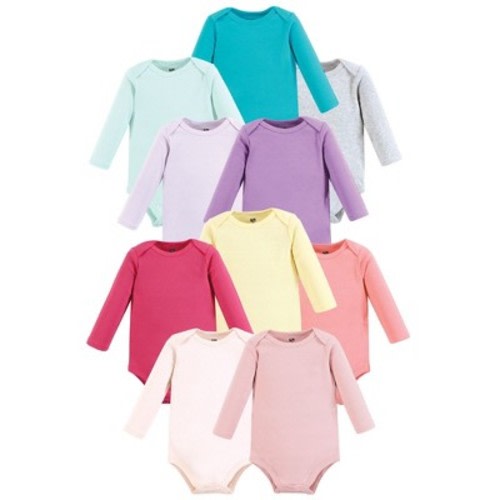 Hudson Baby Infant Girls Cotton Long Sleeve Bodysuit 10pk, Solid Girl Brights, 9-12 Months