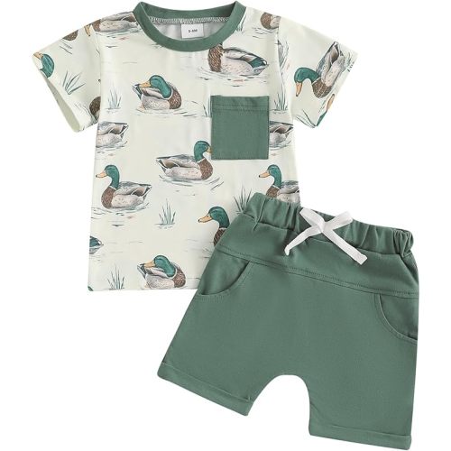 *6-12 month* SAYOO Kids Baby Boys Duck Hunter Clothes Mallard Duck Short Sleeve T-shirt Casual Shorts 2Pcs Toddler Hunting Baby Outfit